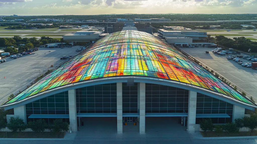 A commercial roof on an airport terminal in a location similar to Austin with a stained glass style aesthetic (AI image)