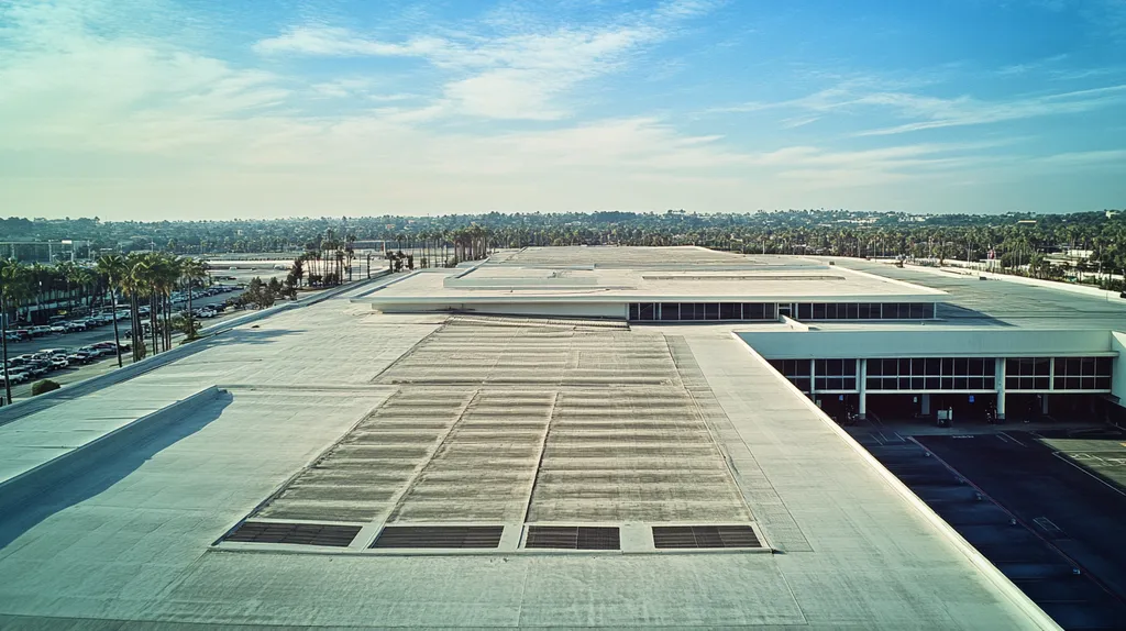 A commercial roof on an airport terminal in a location similar to Beverly Hills with a Polaroid aesthetic (AI image)