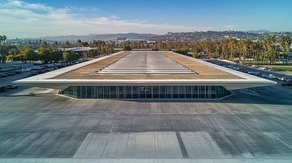 A commercial roof on an airport terminal in a location similar to Beverly Hills with an architectural photography aesthetic (AI image)