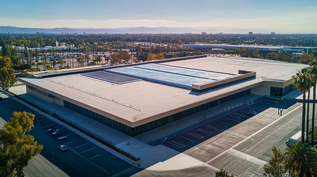 A commercial roof on an airport terminal in a location similar to Beverly Hills with an architectural photography aesthetic (AI image)