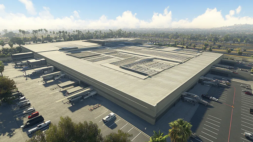 A commercial roof on an airport terminal in a location similar to Beverly Hills with a color highlight aesthetic (AI image)