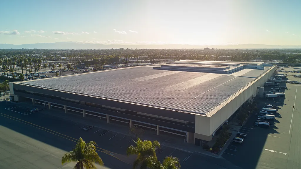 A commercial roof on an airport terminal in a location similar to Beverly Hills with a color highlight aesthetic (AI image)