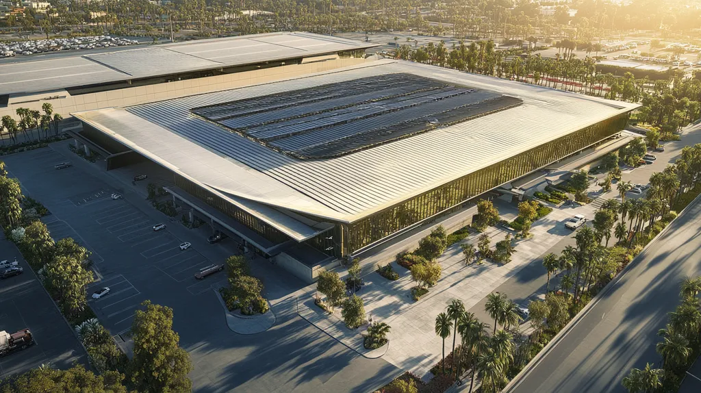A commercial roof on an airport terminal in a location similar to Beverly Hills with a color highlight aesthetic (AI image)