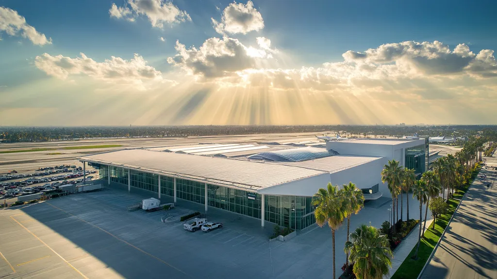 A commercial roof on an airport terminal in a location similar to Beverly Hills with a light beams aesthetic (AI image)