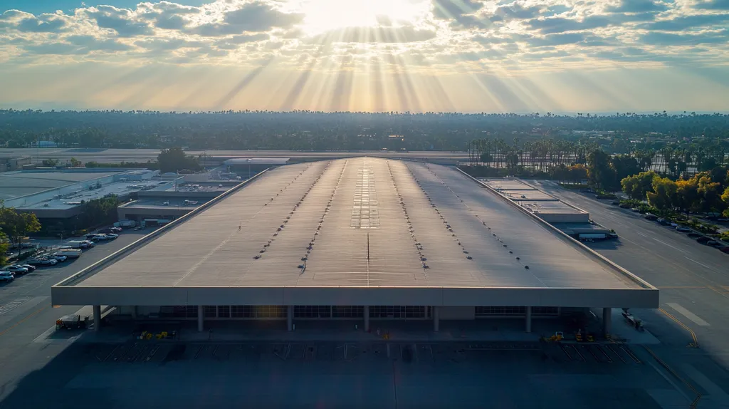 A commercial roof on an airport terminal in a location similar to Beverly Hills with a light beams aesthetic (AI image)