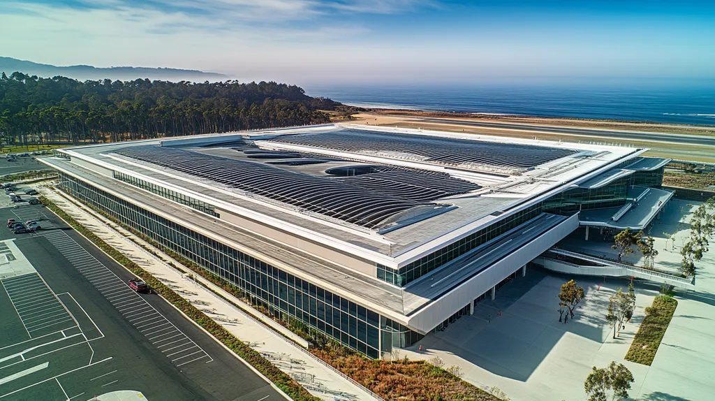 A commercial roof on an airport terminal in a location similar to Big Sur with an architectural photography aesthetic (AI image)