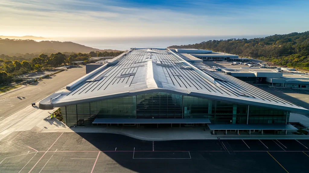 A commercial roof on an airport terminal in a location similar to Big Sur with an architectural photography aesthetic (AI image)