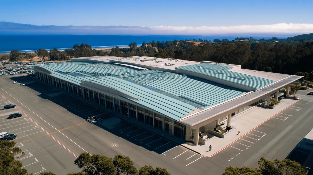 A commercial roof on an airport terminal in a location similar to Big Sur with a cross-processed look aesthetic (AI image)