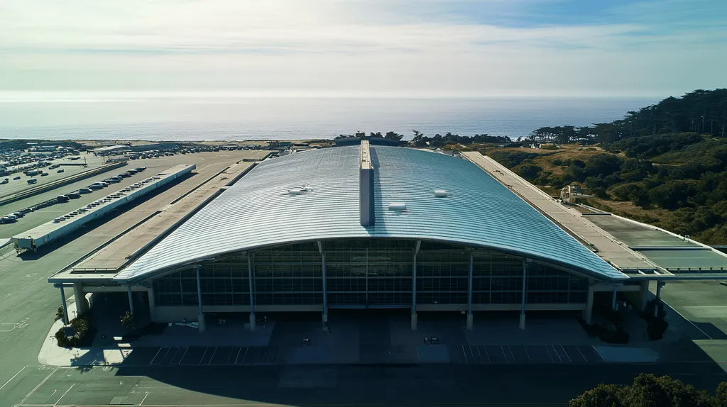 A commercial roof on an airport terminal in a location similar to Big Sur with a cross-processed look aesthetic (AI image)