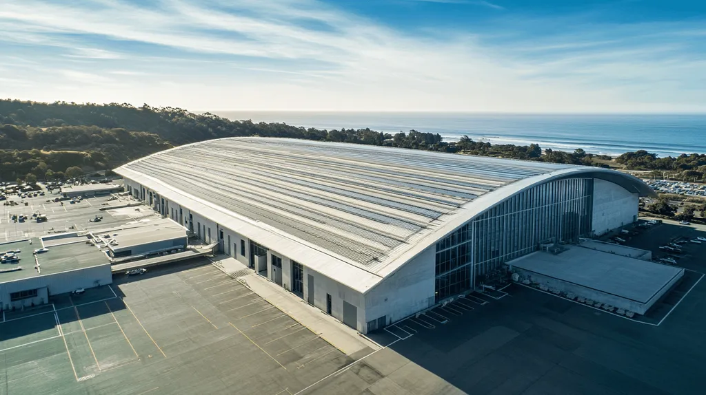 A commercial roof on an airport terminal in a location similar to Big Sur with a cross-processed look aesthetic (AI image)