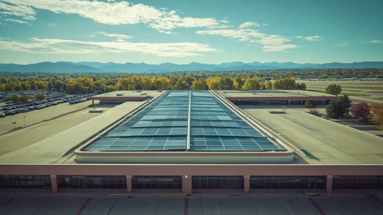 A commercial roof on an airport terminal in a location similar to Boulder with a cross-processed look aesthetic (AI image)