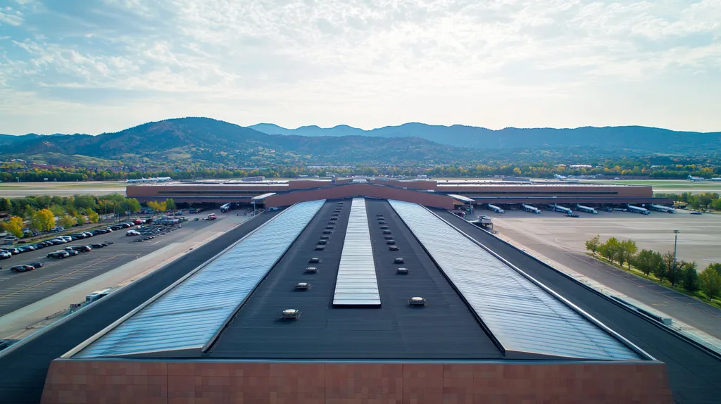 A commercial roof on an airport terminal in a location similar to Boulder with a cross-processed look aesthetic (AI image)
