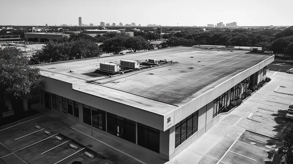 A commercial roof on a bank in a location similar to Houston with a charcoal sketch aesthetic (AI image)