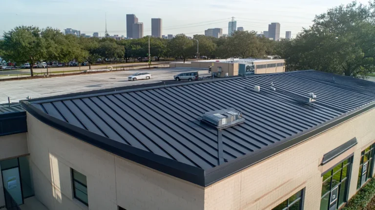 A commercial roof on a bank in a location similar to Houston with a color highlight aesthetic (AI image)