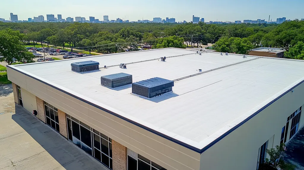 A commercial roof on a bank in a location similar to Houston with a color highlight aesthetic (AI image)