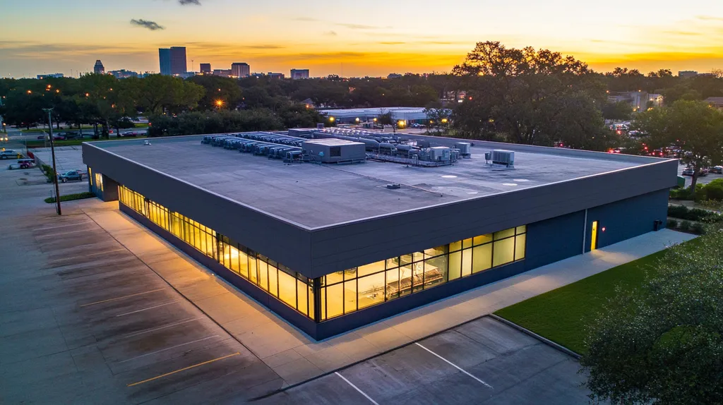 A commercial roof on a bank in a location similar to Houston with an illuminated nightscape aesthetic (AI image)