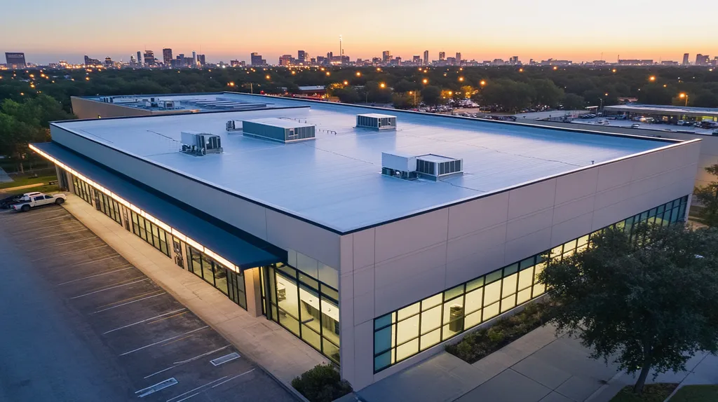 A commercial roof on a bank in a location similar to Houston with an illuminated nightscape aesthetic (AI image)