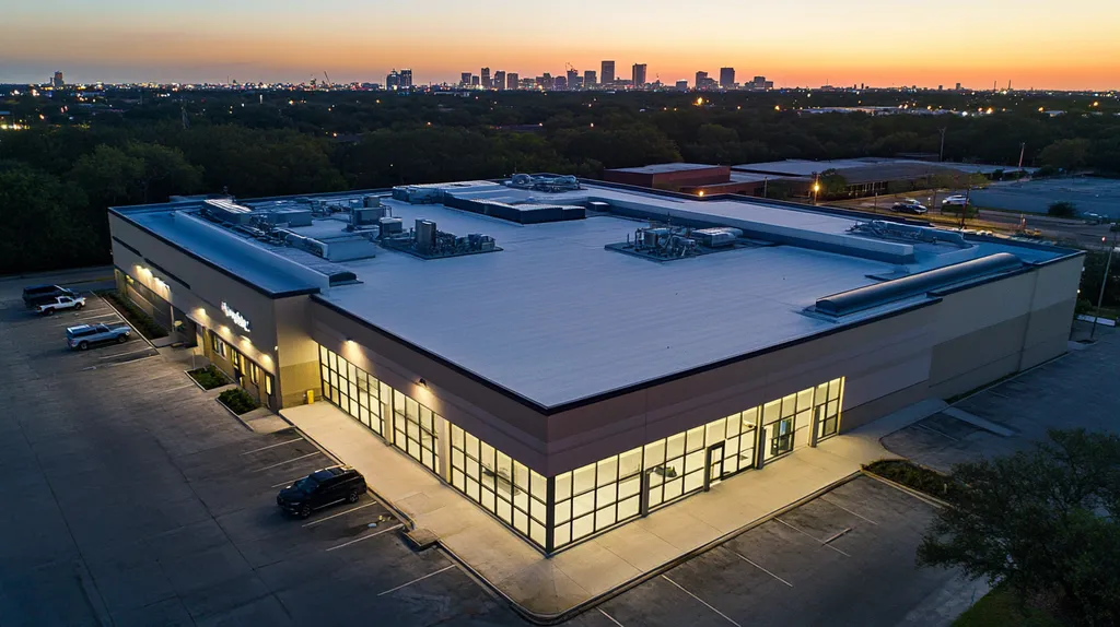 A commercial roof on a bank in a location similar to Houston with an illuminated nightscape aesthetic (AI image)