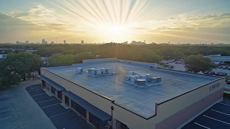 A commercial roof on a bank in a location similar to Houston with a light beams aesthetic (AI image)