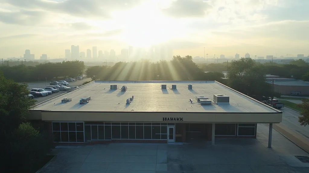 A commercial roof on a bank in a location similar to Houston with a light beams aesthetic (AI image)