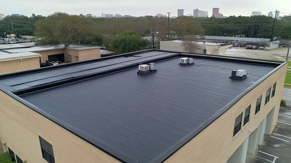 A commercial roof on a bank in a location similar to Houston with a rainy day aesthetic (AI image)