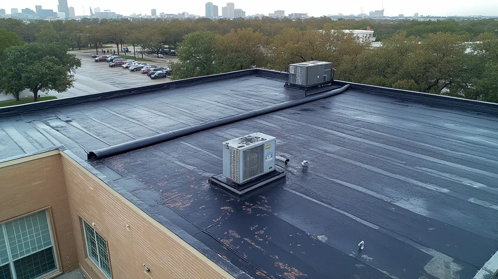 A commercial roof on a bank in a location similar to Houston with a rainy day aesthetic (AI image)