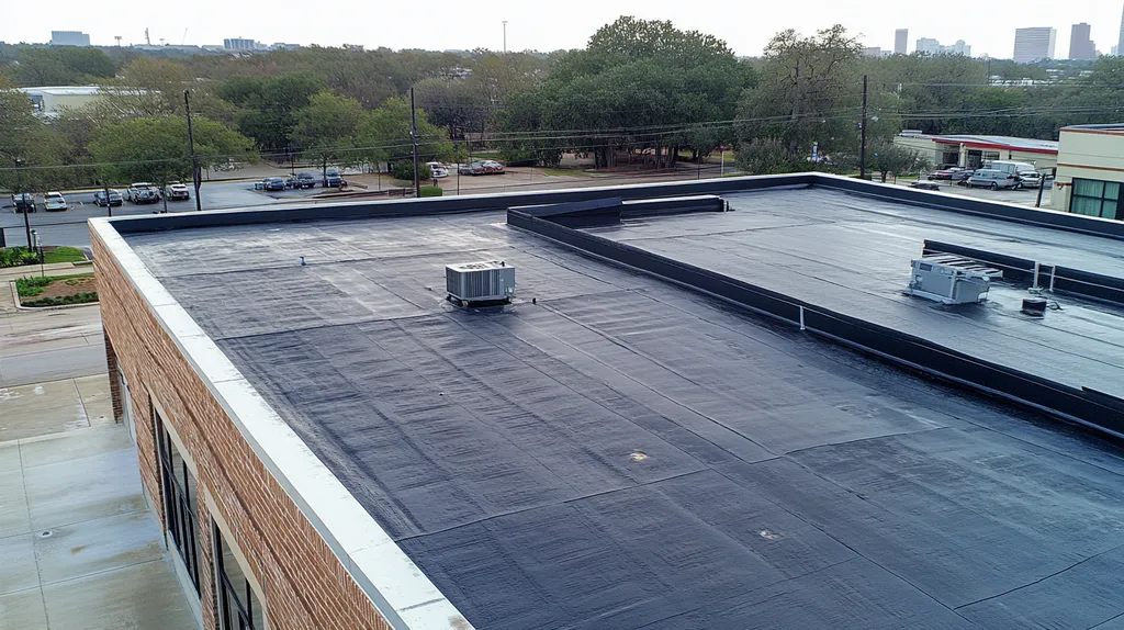 A commercial roof on a bank in a location similar to Houston with a rainy day aesthetic (AI image)