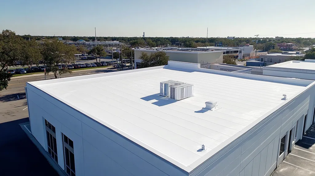 A commercial roof on a bank in a location similar to Jacksonville with a futuristic aesthetic (AI image)