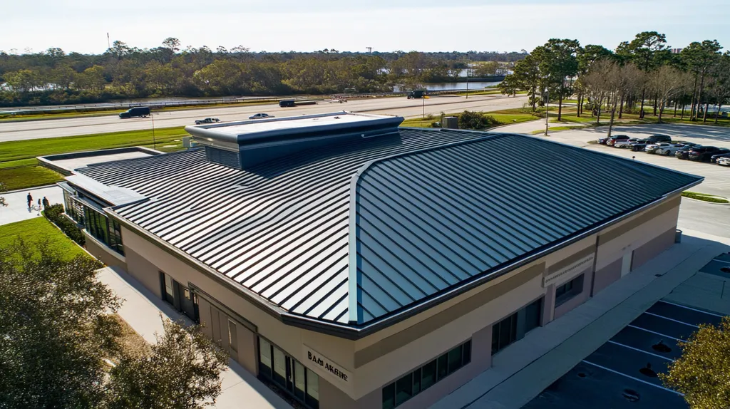 A commercial roof on a bank in a location similar to Jacksonville with a futuristic aesthetic (AI image)