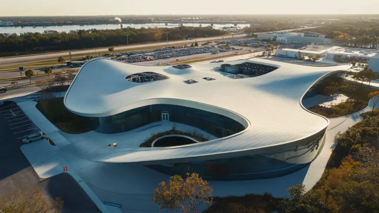 A commercial roof on a bank in a location similar to Jacksonville with a futuristic aesthetic (AI image)