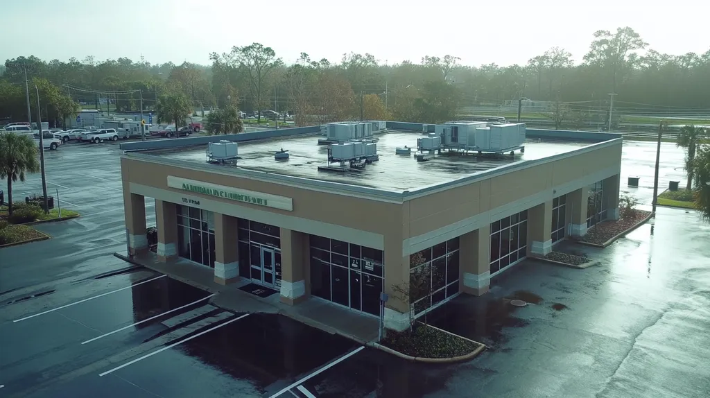A commercial roof on a bank in a location similar to Jacksonville with a rainy day aesthetic (AI image)
