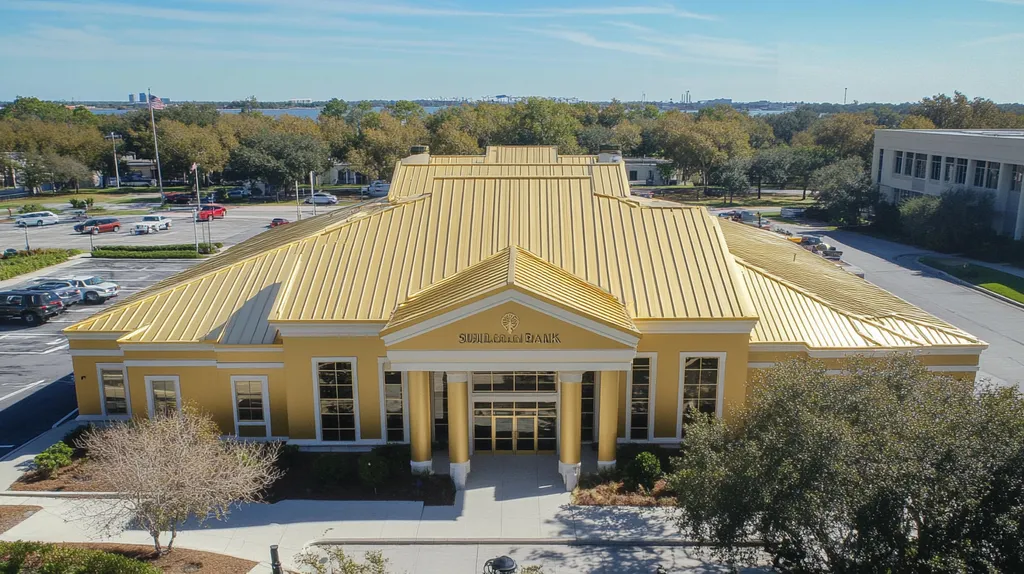 A commercial roof on a bank in a location similar to Jacksonville with a solid gold aesthetic (AI image)
