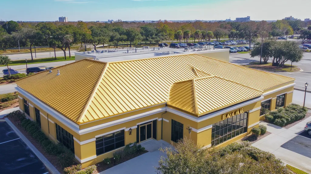 A commercial roof on a bank in a location similar to Jacksonville with a solid gold aesthetic (AI image)