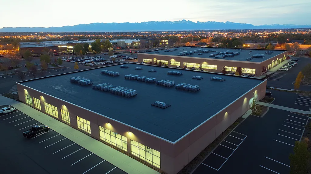 A commercial roof on a call center in a location similar to Denver with an illuminated nightscape aesthetic (AI image)