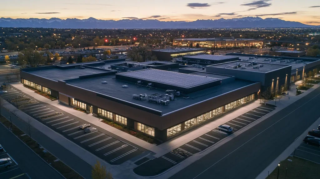 A commercial roof on a call center in a location similar to Denver with an illuminated nightscape aesthetic (AI image)