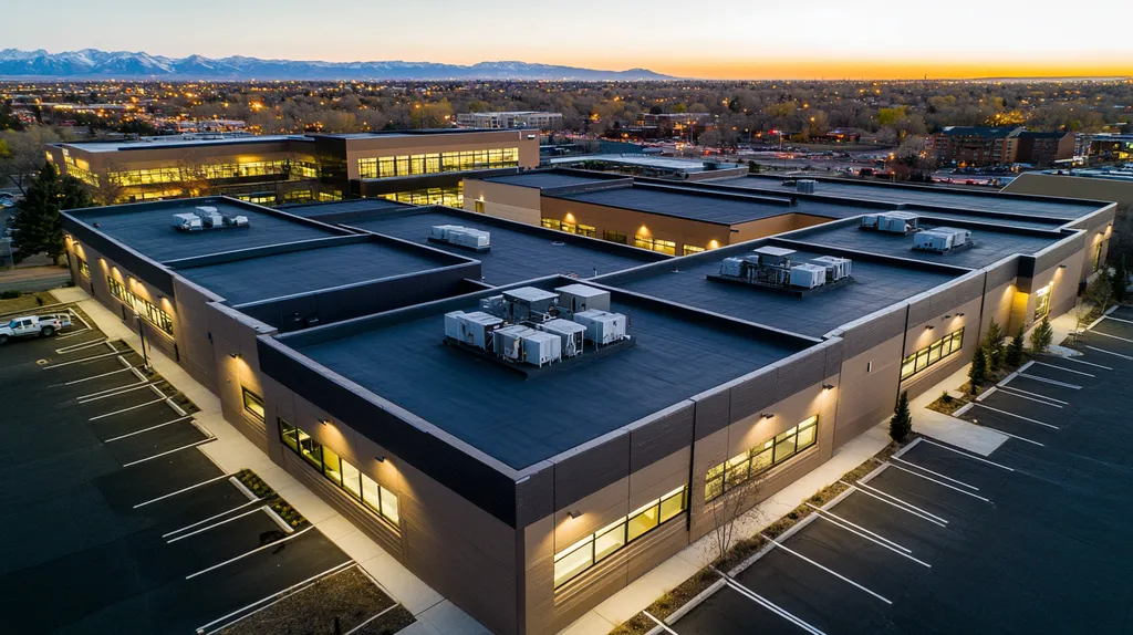 A commercial roof on a call center in a location similar to Denver with an illuminated nightscape aesthetic (AI image)