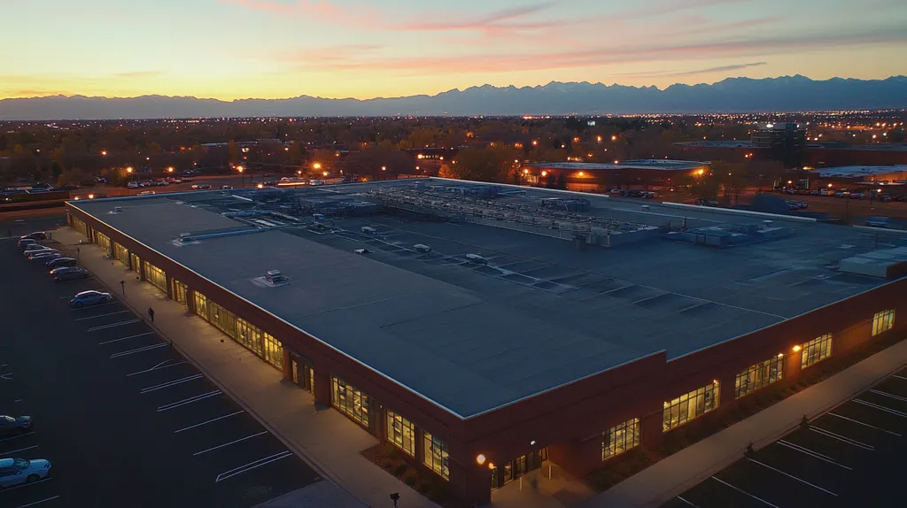 A commercial roof on a call center in a location similar to Denver with an illuminated nightscape aesthetic (AI image)