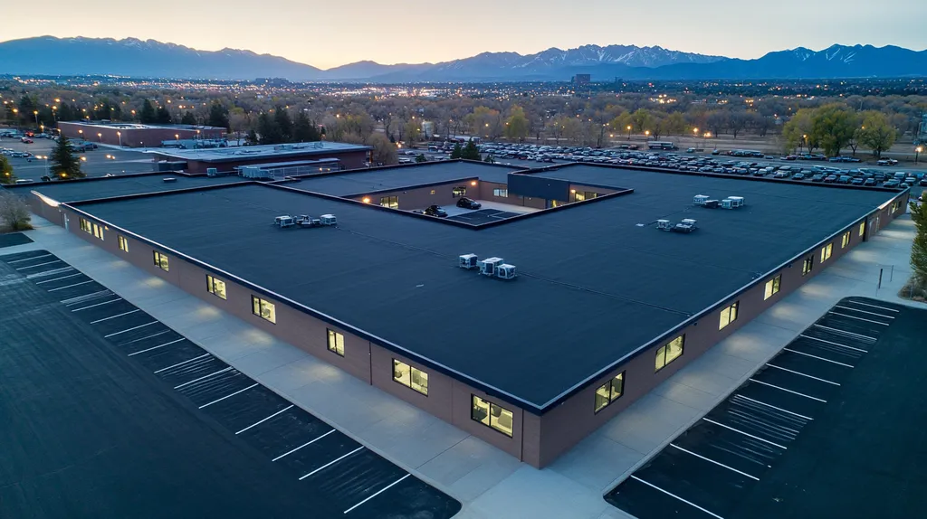 A commercial roof on a call center in a location similar to Denver with an illuminated nightscape aesthetic (AI image)