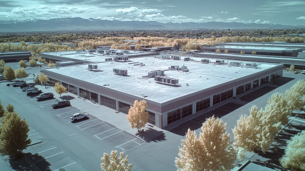 A commercial roof on a call center in a location similar to Denver with an infrared photography aesthetic (AI image)