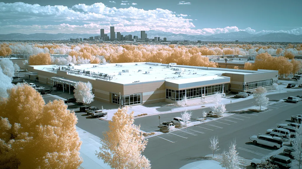 A commercial roof on a call center in a location similar to Denver with an infrared photography aesthetic (AI image)