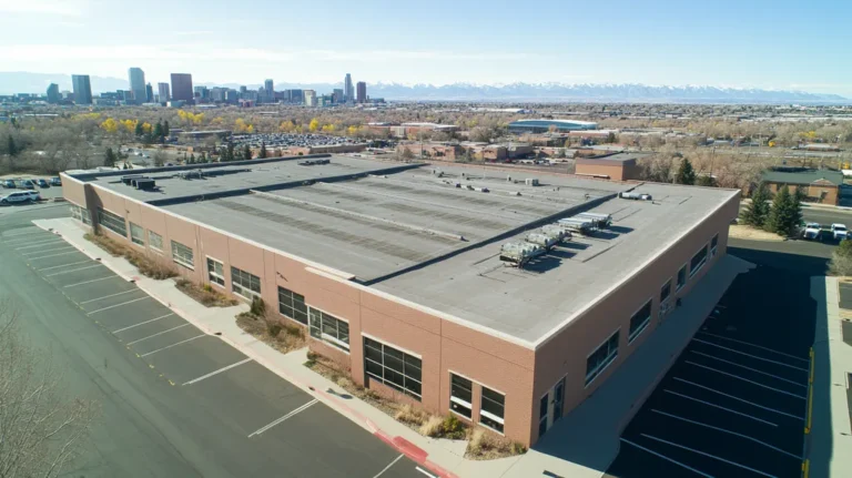 A commercial roof on a call center in a location similar to Denver with an urban context aesthetic (AI image)