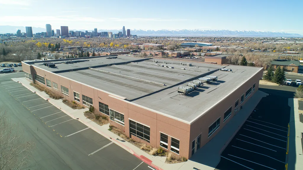 A commercial roof on a call center in a location similar to Denver with an urban context aesthetic (AI image)