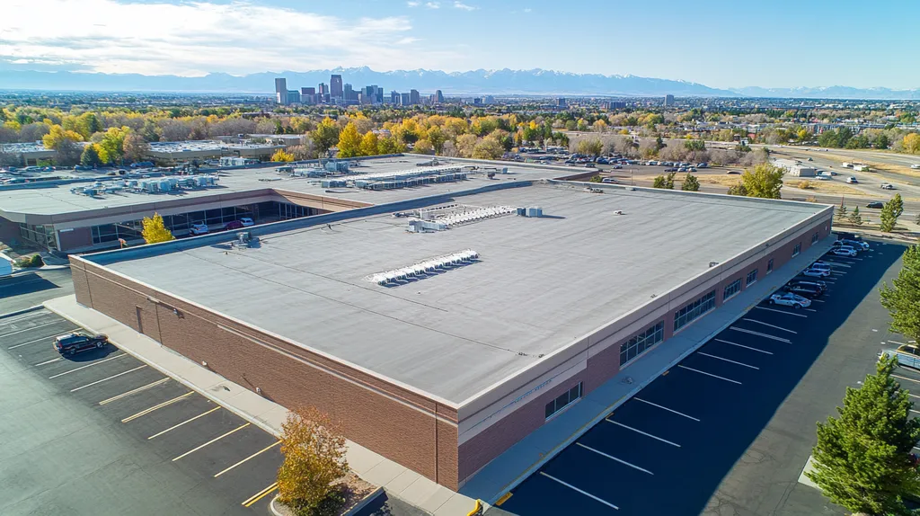 A commercial roof on a call center in a location similar to Denver with an urban context aesthetic (AI image)