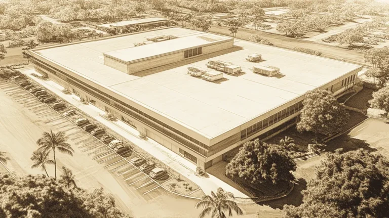 A commercial roof on a call center in a location similar to Honolulu with an architectural sketch rendering aesthetic (AI image)