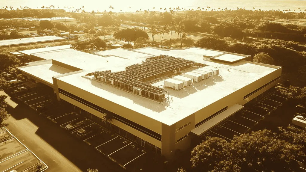 A commercial roof on a call center in a location similar to Honolulu with an architectural sketch rendering aesthetic (AI image)