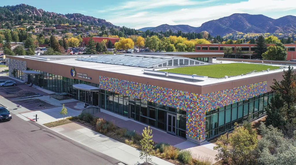 A commercial roof on a community recreation center in a location similar to Boulder with a mosaic tile art aesthetic (AI image)