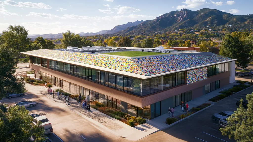 A commercial roof on a community recreation center in a location similar to Boulder with a mosaic tile art aesthetic (AI image)