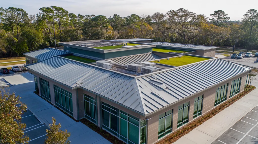 A commercial roof on a community recreation center in a location similar to Charleston with a color highlight aesthetic (AI image)