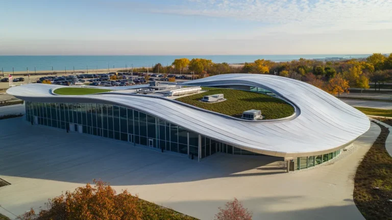 A commercial roof on a community recreation center in a location similar to Chicago with a futuristic aesthetic (AI image)