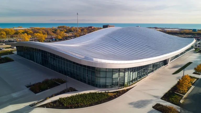 A commercial roof on a community recreation center in a location similar to Chicago with a futuristic aesthetic (AI image)